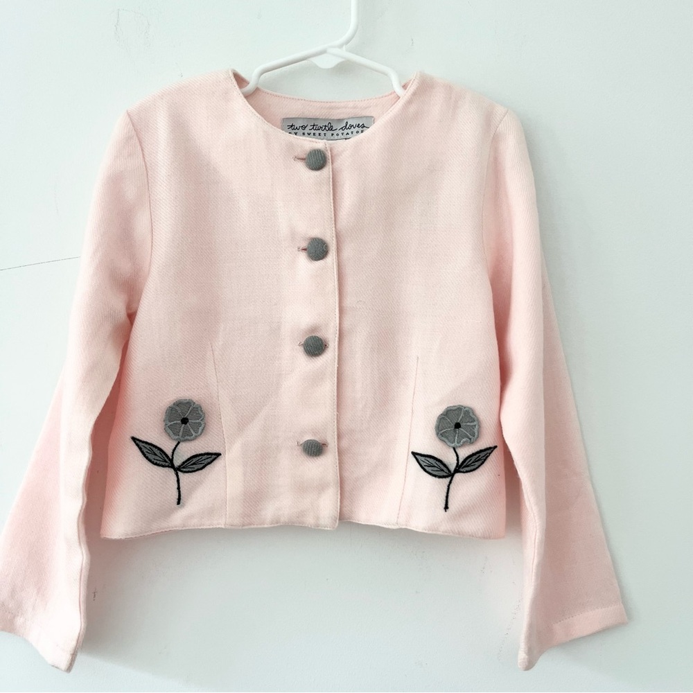Two Turtle Doves Girl’s Bolero Jacket Pink Gray Felt Flowers by Sweet Potatoes 4